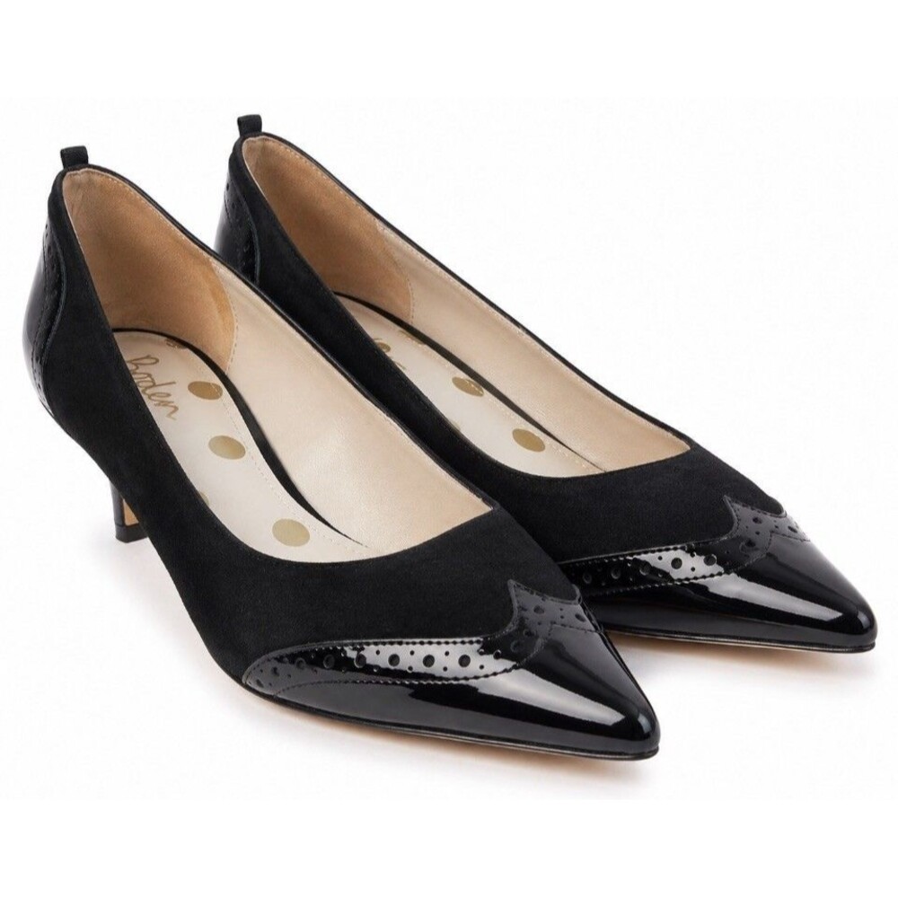 Boden Black Suede Patent Leather Pointed Toe Brogue Pumps Heels EU 39